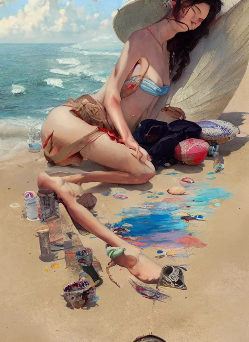 Prompt: beautiful fantasy painting scene of a chill summer day at the beach, by Kenne Gregoire, James Jean, Tran Nguyen, WLOP, Jakub Rebelka. trending on Artstation, 8k, masterpiece, face enhance, graffiti paint, fine detail, full of color, intricate detail, golden ratio illustration