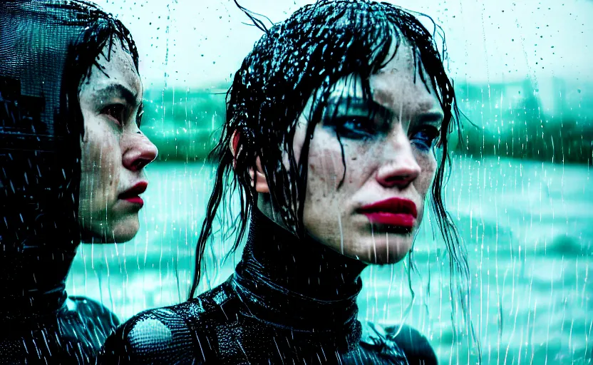 Image similar to cinestill 5 0 d candid action photographic portrait by quentin tarantino of two loving female androids wearing rugged black mesh techwear in treacherous waters, extreme closeup, modern cyberpunk retrofuturism moody emotional cinematic, pouring iridescent rain, 8 k, hd, high resolution, 3 5 mm, f / 3 2, motion blur, ultra realistic faces, ex machina