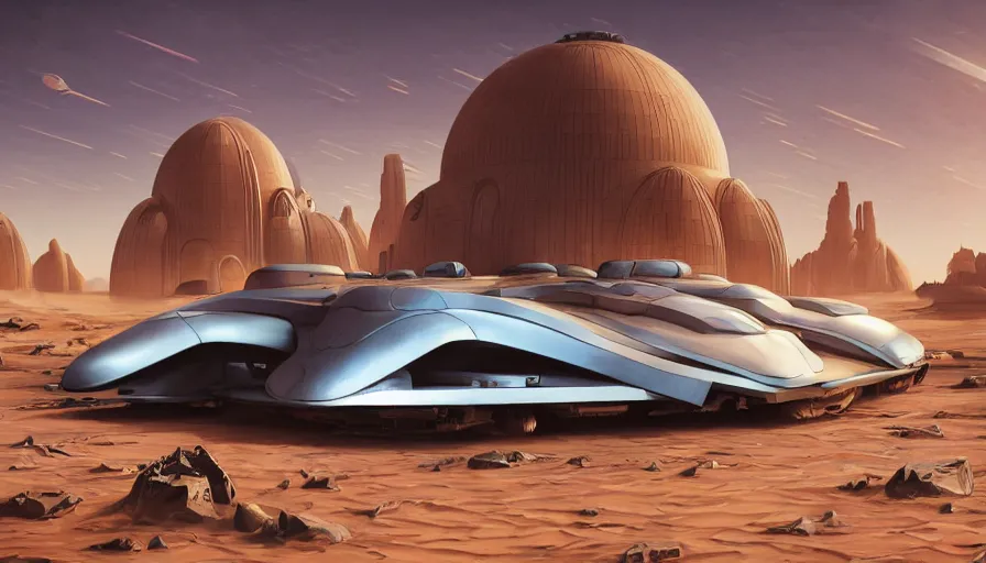 Prompt: professional photograph of a sci-fi hovercraft designed by Buckminster Fuller in a picturesque alien desert., racking focus, extreme panoramic, Dynamic Range, HDR, chromatic aberration, Orton effect intricate, elegant, highly detailed, digital painting, artstation, concept art, smooth, sharp focus, illustration, art by artgerm and greg rutkowski and alphonse mucha