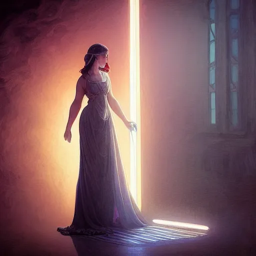 Image similar to “a beautiful girl in a baroque dress standing near ford mustang. neon light, cinematic lighting, intricate, elegant, highly detailed, digital painting, artstation, sharp focus, illustration, art by artgerm and greg rutkowski and alphonse mucha and Wayne Barlowe and william-adolphe bouguereau ”