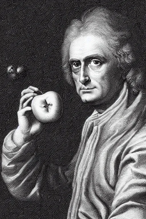 Image similar to isaac newton holding an apple, collage