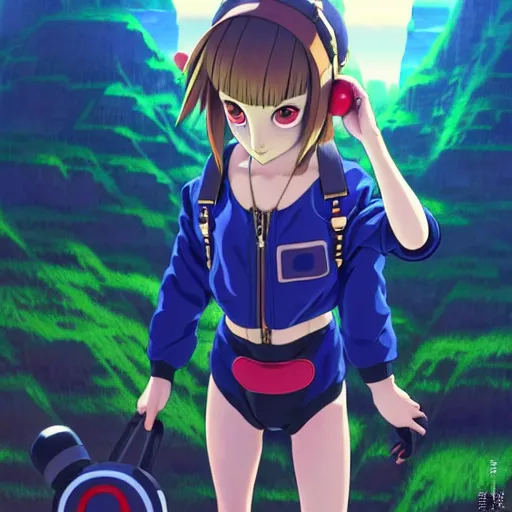 Image similar to beautiful boyish natalie portman gravure model in majora's mask, wearing big mayan bomber jacket with overalls and leotard, big bomber jacket with subtle mayan patterns, aztec bathing suit, gapmoe yandere grimdark, trending on pixiv fanbox, painted by greg rutkowski makoto shinkai takashi takeuchi studio ghibli, akihiko yoshida