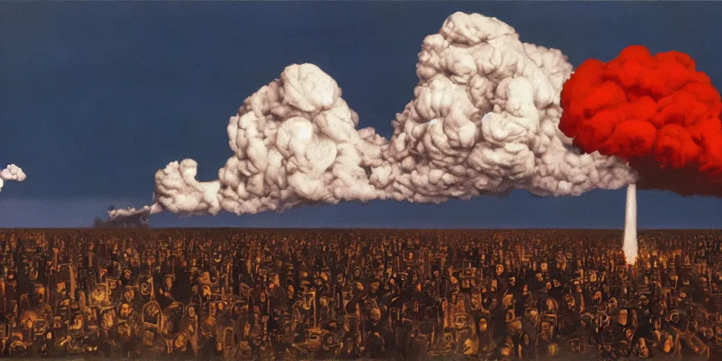 Image similar to Sacking of Washington DC, Mushroom Cloud, 1958, Oil on Canvas, Antiwar, dramatic, digital art