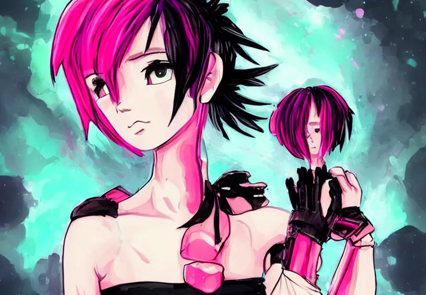 Image similar to little android girl with eccentric pink haircut wearing black feather dress, cyberpunk, anime style artwork, dark, neon, anatomically perfect