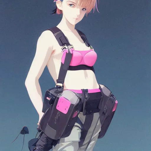 Prompt: a beautiful boyish natalie portman gravure model, wearing oversized pink suspender pants and transparent jet flight backpack, inflatable future shoes, future locomotive style, future inflatable jacket, trending on pixiv fanbox, painted by greg rutkowski makoto shinkai takashi takeuchi studio ghibli, akihiko yoshida