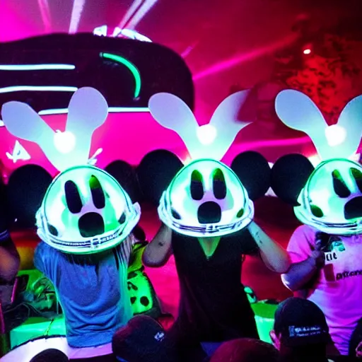 Prompt: 4 mice wearing deadmau 5 helmets at a rave