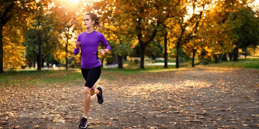 Image similar to A closeup of Emma Watson going for a run in a park during fall, wearing a tight athletic top. Golden Hour Lighting. 4K HD Wallpaper. Premium Prints Available