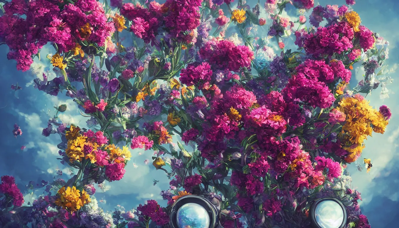 Image similar to An epic fantastic realism comic book style painting of the most beautiful flowers launched into space, bouquets, fisheye lens, unreal 5, DAZ, hyperrealistic, octane render, dynamic lighting