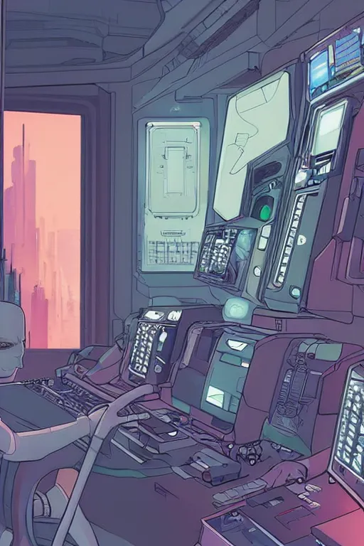 Prompt: a comic illustration of an android merging with a computer console, the console is tall and imposing, there are many cables on the floor, futuristic, ghost in the shell, cyberpunk, neon colors, art by Moebius and jean giraud and greg rutkowski