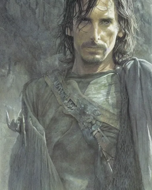 Image similar to Christian bale as Aragorn, by Alan Lee and John howe, at sunset, concept art, detailed clothing, featured on art station, matte painting