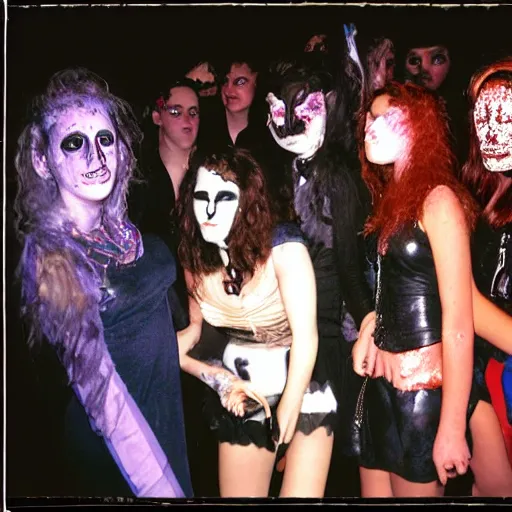 Prompt: photo, teenage halloween party, harsh flash photography by nan goldin