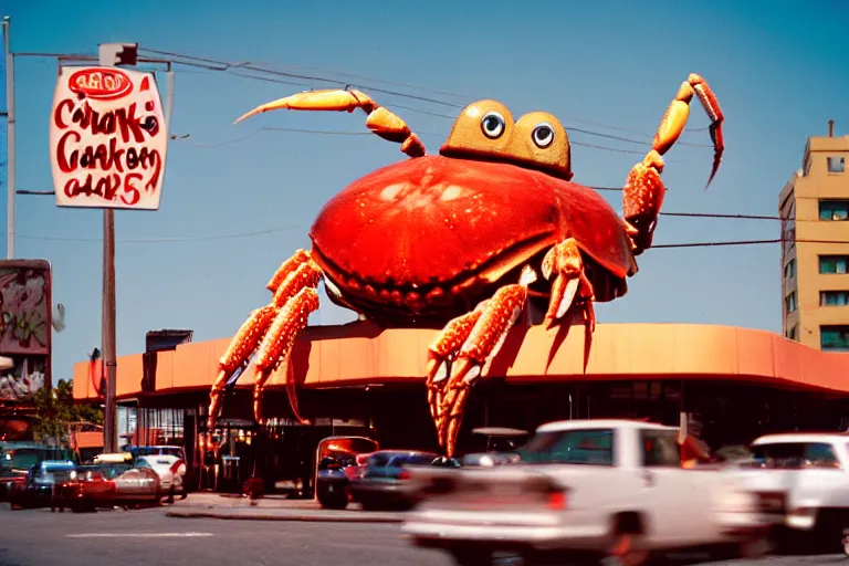 Image similar to 2 0 1 5 cute giant crab terrorizing a city, googie city, americana, fishcore, exterior photography, hd 8 k, photography cinestill