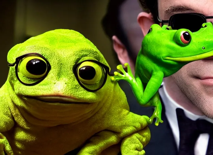 Prompt: film still of agent smith holding a pepo frog plush toy in the new matrix movie, 8 k, highly detailed face, dark glasses