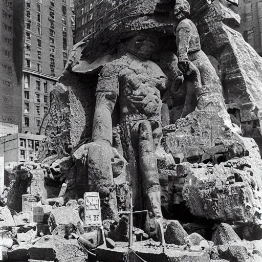 Prompt: hyperdetailed photograph of a giant basalt statue being unearthed in new york. 1 9 4 7 city