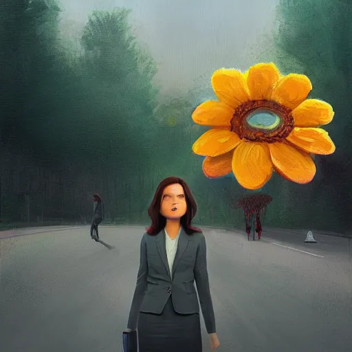 Image similar to giant daisy flower head, frontal, girl in a suit standing on street, surreal photography, sunrise, dramatic light, impressionist painting, digital painting, artstation, simon stalenhag