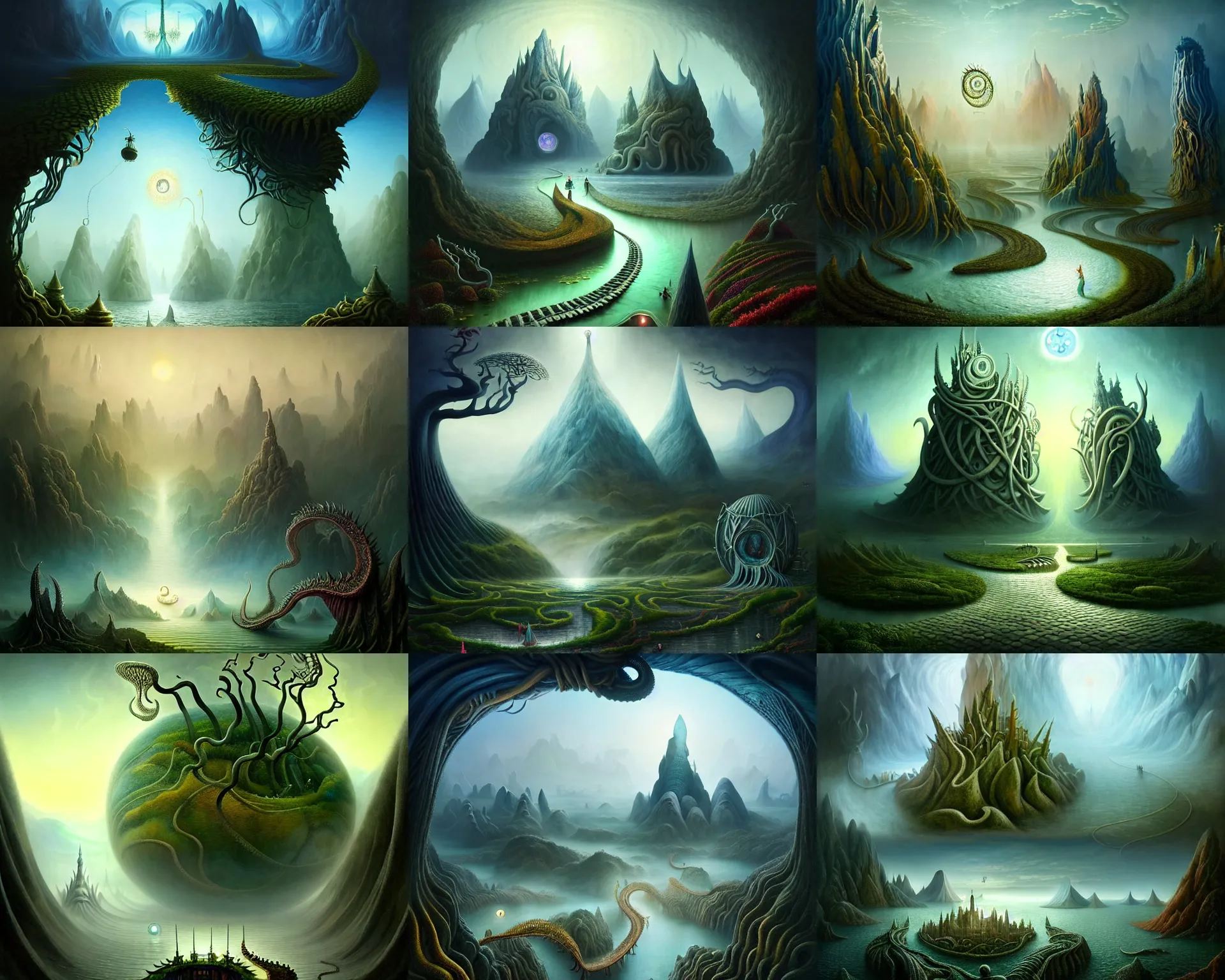 Prompt: a beguiling epic stunning beautiful and insanely detailed matte painting of the impossible winding path through the land of the elder gods with surreal architecture designed by Heironymous Bosch, mega structures inspired by Heironymous Bosch's Garden of Earthly Delights, vast surreal landscape and horizon by Asher Durand and Cyril Rolando and Natalie Shau, masterpiece!!!, grand!, imaginative!!!, whimsical!!, epic scale, intricate details, sense of awe, elite, wonder, insanely complex, masterful composition!!!, sharp focus, fantasy realism, dramatic lighting