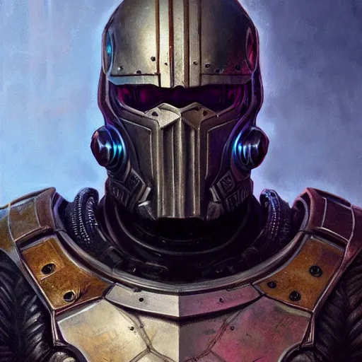 Image similar to the doomslayer as a realistic cyberpunk knight, closeup portrait art by donato giancola and greg rutkowski, realistic face, digital art, trending on artstation, symmetry!!