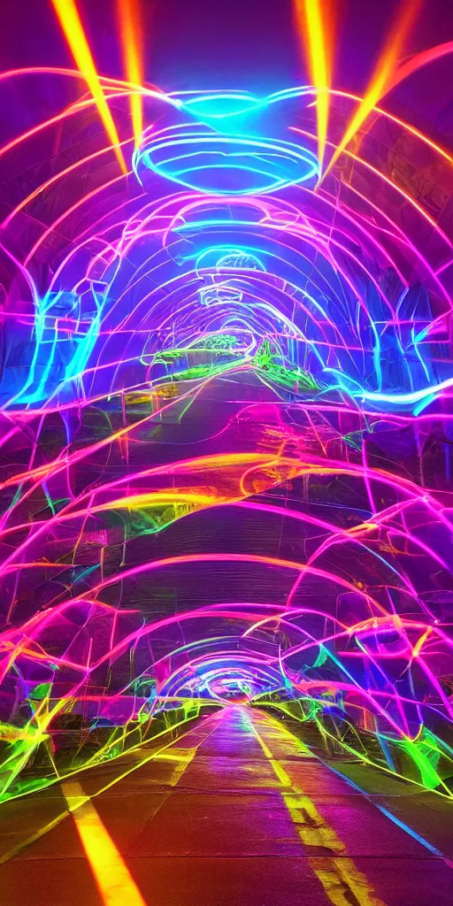 Prompt: electric cob led arched bridge scenic design arena tour for an edm act with helmets, style of hdr neon psychedelic high - contrast octane renderer electricsheep 4 k uhd