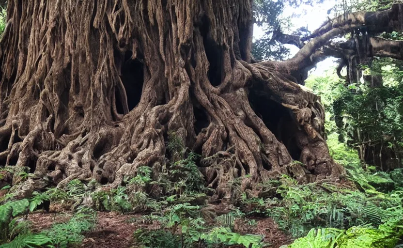 Image similar to secret entrance to giant ancient tree, background of indiana jones game