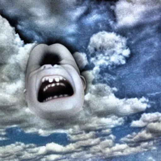 Prompt: clouds that look like a screaming chucky doll