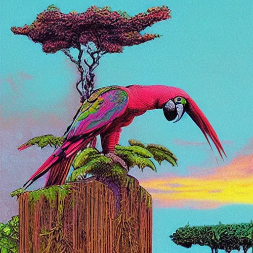 Prompt: impressionist synthwave ancient city angle parrot ivy woodcut nut , by Joe Jusko and Jakub Rozalski and Moosa Al Halyan , surrealist , abstract , tarot card