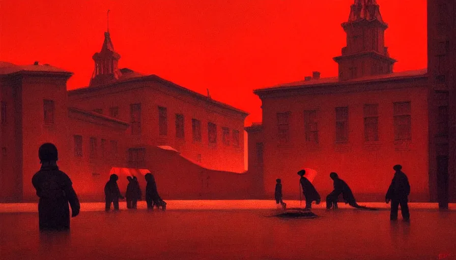 Image similar to only with red, soviet communism city cold atmosphere and with soviet flag, in the style of beksinski, by edward hopper and rodcenko and yue minjun and cory loftis, intricate and epic composition, red by caravaggio, highly detailed, masterpiece, red light, artstation, art nouveau