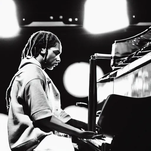 Image similar to Asap Rocky playing piano on stage during concert, highly realistic, photography, 50mm