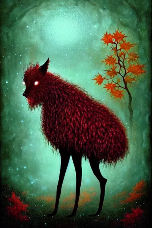 Image similar to surreal hybrid animals, fantasy, fairytale animals, flowerpunk, mysterious, vivid autumn colors, by andy kehoe