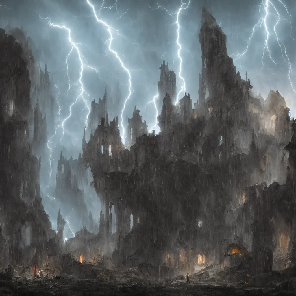 Image similar to a still of a cloaked figure standing in the ruins of crux prime, monastery, there is lightning, blue fiery maelstrom in the distance, it is raining, digital art, artstationhq