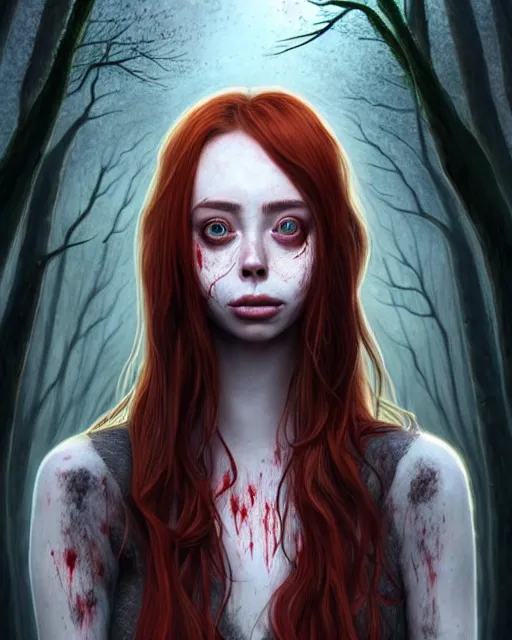 Image similar to surrounded by trees, full body realistic character concept, gorgeous Kacey Rohl, red hair, small freckles, Wendigo creature antlers deer skull face, symmetrical face, symmetrical eyes, covered in blood, dark forest, trees, shorter neck, cinematic lighting, Joshua Middleton and artgerm, fear anxiety terror