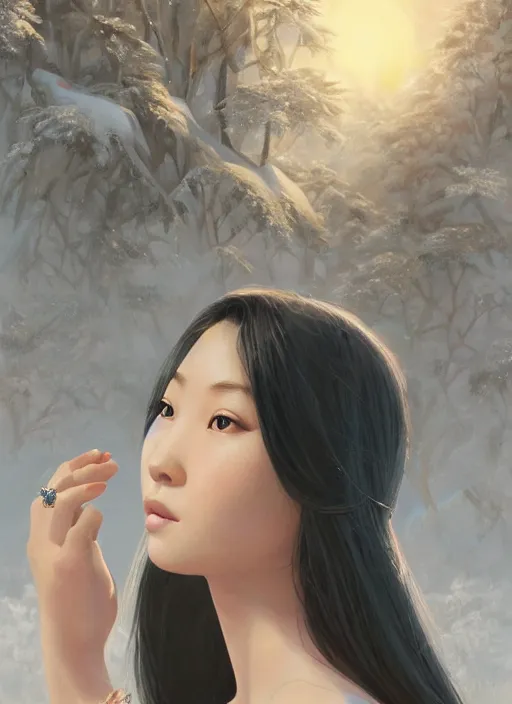 Image similar to a beautiful young charming asian goddess with sundress & jewelry & shinny eyes & winter, symmetric, realistic shaded, unpleasant face, good looking, fine details, dior, lv, realistic shaded lighting poster by greg rutkowski, macoto takahashi, magali villeneuve, artgerm, jeremy lipkin and michael garmash