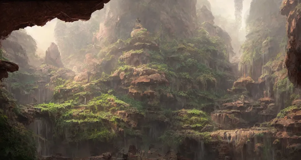 Prompt: indian ancient temple hidden looks like a lotus in a cave waterfalls around, realistic concept art, eytan zana, one pixel brush, by eugene von guerard, ivan shishkin, dramatic lighting, concept art, trending on artstation