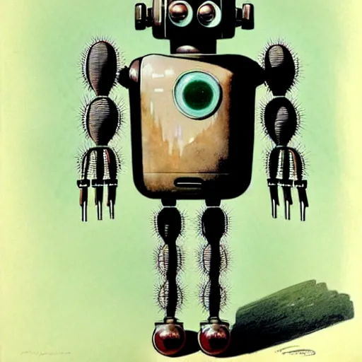 Prompt: a full-body 1950s retro cactus robot, Bionic Arms and eyes. muted colours. by Jean-Baptiste Monge,