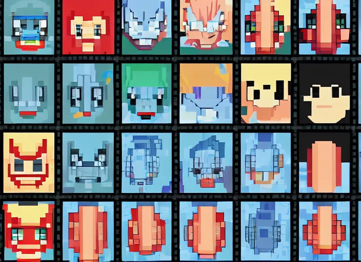 Image similar to 3 rows of 3 framed closeup face portraits of cute evil robots, in the style of mega man, as high - resolution pixel - art.