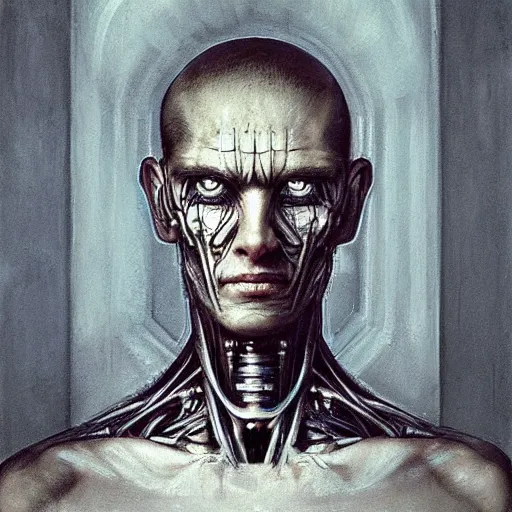 Image similar to surreal portrait of a man by Greg Rutkowski and H.R Giger, symmetrical face, he is about 30 years old, west slav features, short blonde hair with bangs, attractive, smart looking, slim, somewhat androgenic, transformed into a kind of biomechanical transhuman god, disturbing, terrifying but fascinating, with a determined and sinister expression on his face, cosmic void background, frightening, fascinating, highly detailed portrait, digital painting, book cover, artstation, concept art, smooth, sharp foccus ilustration, Artstation HQ