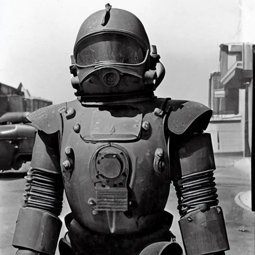 Image similar to war photography usa fission powered power armor 1 9 5 0 s