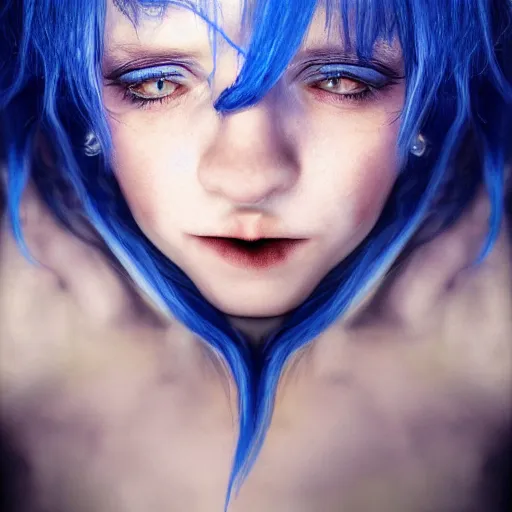 Prompt: beautiful portrait of young girl half dragon half human, dragon girl, dragon skin, dragon eyes, dragon crown, blue hair, long hair, highly detailed, cinematic lighting, by David Lynch