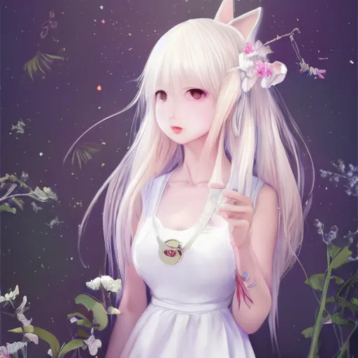 Image similar to realistic beautiful gorgeous natural cute Blackpink Lalisa Manoban white hair cute white cat ears in maid dress outfit golden eyes artwork drawn full HD 4K highest quality in artstyle by professional artists WLOP, Taejune Kim, Guweiz, ArtGerm on Artstation Pixiv