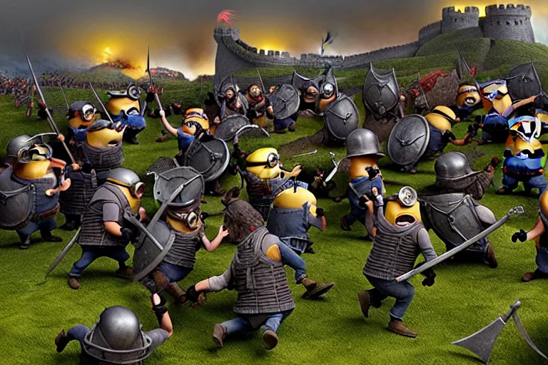 Image similar to diorama of minions fighting orcs in the battle of helm's deep, giant castle walls, realistic, 4 k, detailed