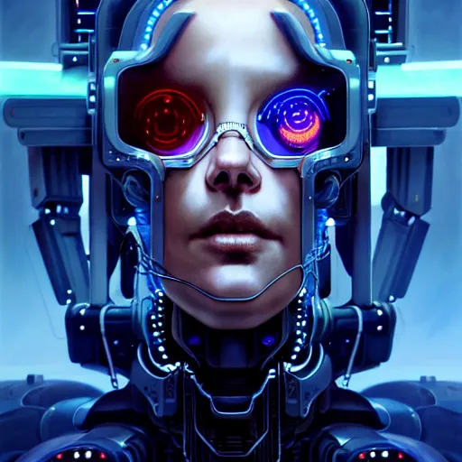 Image similar to beautiful cyberpunk character portrait, robots, scene with extremely large and intricate cyberpunk bionics, futuristic chrome drones, ultra realistic, dramatic lighting, the fifth element artifacts, highly detailed by peter mohrbacher, hajime sorayama, wayne barlowe, boris vallejo, aaron horkey, gaston bussiere, craig mullins