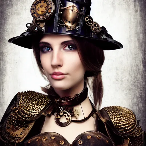 Prompt: head and shoulders portrait of a female knight, steampunk, vogue fashion photo