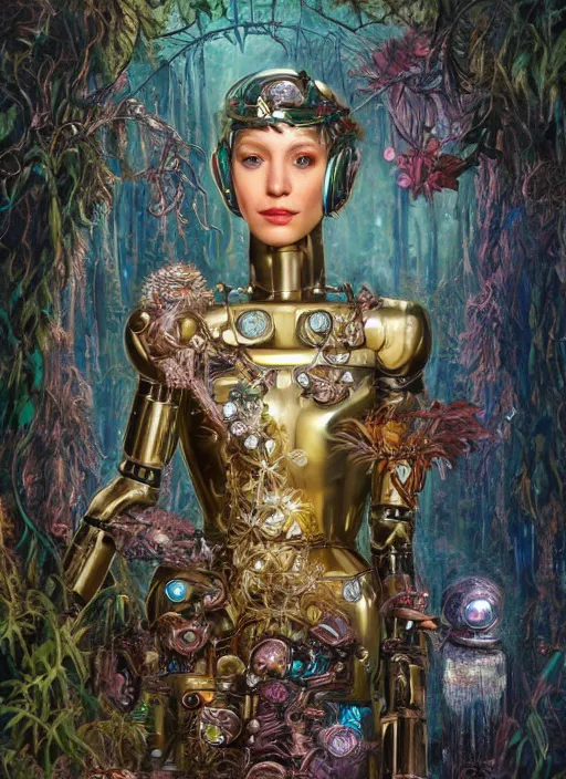 Image similar to oil painting of beautiful female robot covered by plants and crystals in the mystical forest, beautiful symmetrical face, chrome parts, opal crystals, renaissance style, golden steampunk, retro futurism, sci - fi, filigree jewellery, baroque, cinematic light, mystical shadows, 8 k