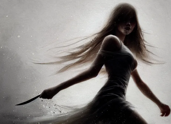 Image similar to close up picture of a white dress girl chasing from grim reaper, holding a little knife, hard breathing, messy hair, messy lines, scared face, beautiful and aesthetic and attractive and detailed face, dramatic situation, specular reflection, occlusion shadow, intricate, bokeh, masterpiece, by ilya kuvshinov and jeremy lipking and quentin mabille