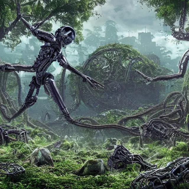 Prompt: ultrarealistic, cyborg, cyberpunk, gears, steam, future, iamrobot movie, alien technology, beautiful, soft skin, harsh metal, overgrown forest, floating rubble, formless vines, flowers, alien plant life, jungle, aztec temple, decay, ruins, floating rocks connected by huge vines, sandstone buildings, alien flora