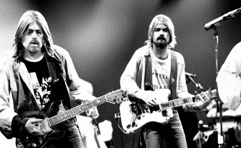 Image similar to kurt cobain and walter white performing on stage, 3 5 mm photograph, 1 9 9 4