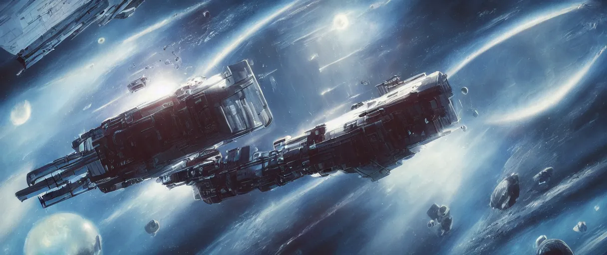 Image similar to concept art, ONE exploration spaceship drifting in space, the expanse tv series, industrial design, immensity, spatial phenomenon, space debris, cinematic lighting, low contrast, low saturation, 4k, greebles, widescreen ratio, wide angle, beksinski, sharp shapes, maximalist, film grain