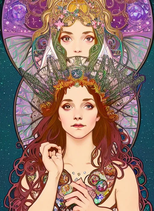 Prompt: fantastic portrait of a beautiftul witch pray with some shinny star, cloak, royally decorated crystal gemstones, symmetrical face, art nouveau, portrait, cute, yoneyama, alphonse mucha, detailed background, artstation, intricate, elegant, highly detailed, colorful, maximalist