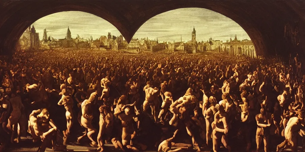 Image similar to huge crowd of unruly people enjoying dark ritual music, high detail baroque oil painting, golden ratio, volumetric light, godrays, terrifying geometry, alan lee, caravaggio, michelangelo