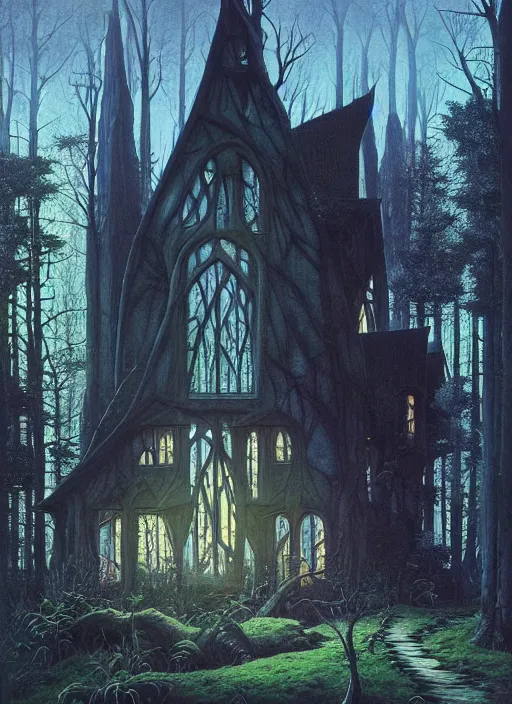 Image similar to hyper realistic witchy modern gothic house with mood lighting and tech in the woods gorgeous lighting, sunbeams blue sky, highly detailed, lush forest foliage painting by zdzisław beksinski and norman rockwell and greg rutkowski weta studio, and lucasfilm