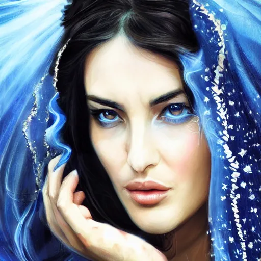 Image similar to Beautiful face Portrait of crying young arab Monica Bellucci, really big blue ocean color huge eyes, blue indygo thunder lightning, long wavy black hair, white veil, blue fire, closeup, focus face, middle eastern, dramatic lighting, intricate, wild, highly detailed, digital painting, artstation, concept art, smooth, sharp focus, illustration, art by artgerm and greg rutkowski and alphonse mucha, footage from space camera